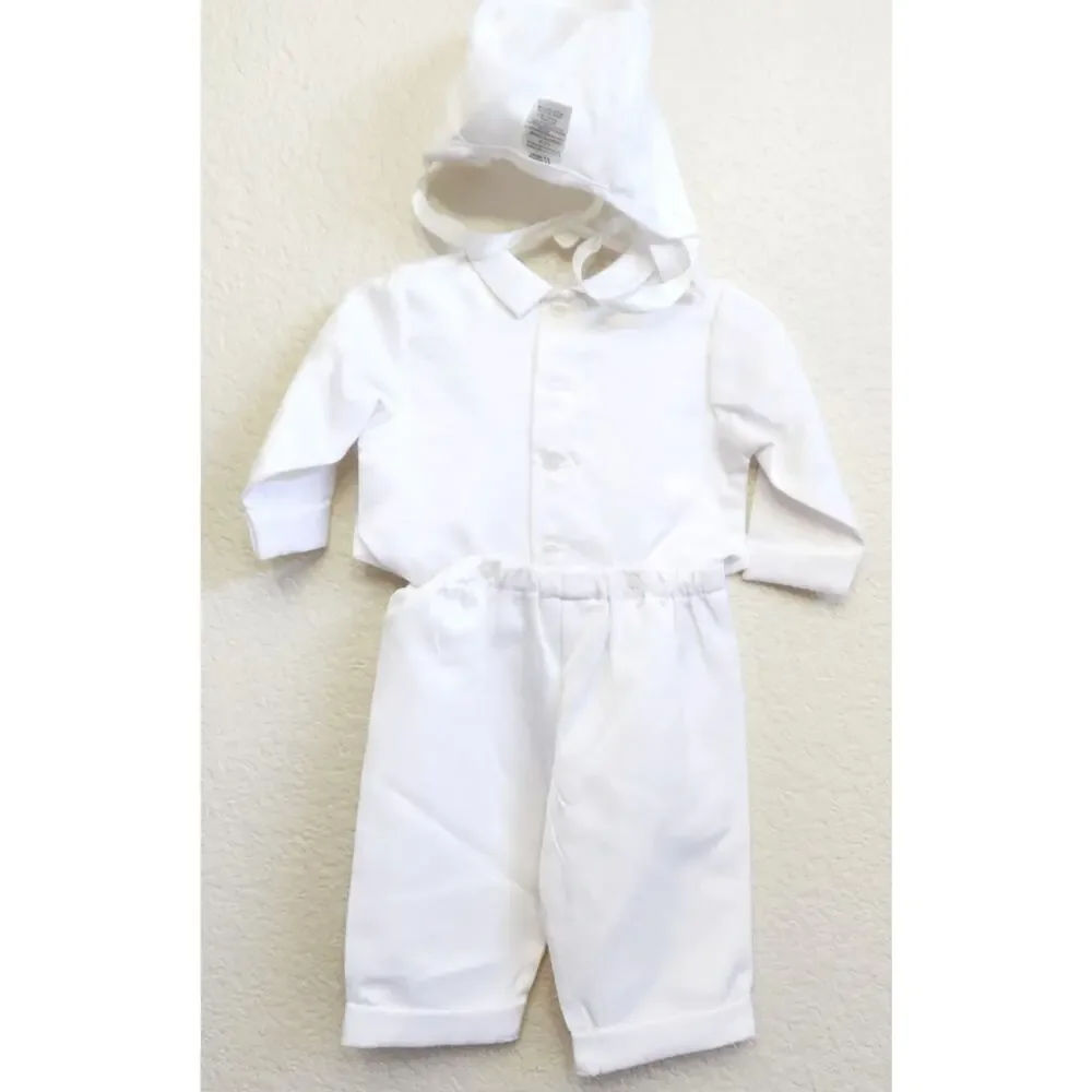 White 3 Pc Dress Pants and Shirt & Vest Combo With Bonnet 6-9 Months Lightweight